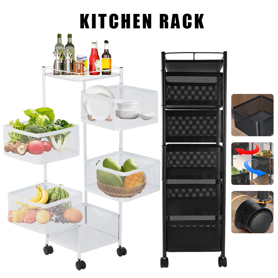 6-Tier Rotating Kitchen Storage Trolley | Mobile Vegetable Utility Rack