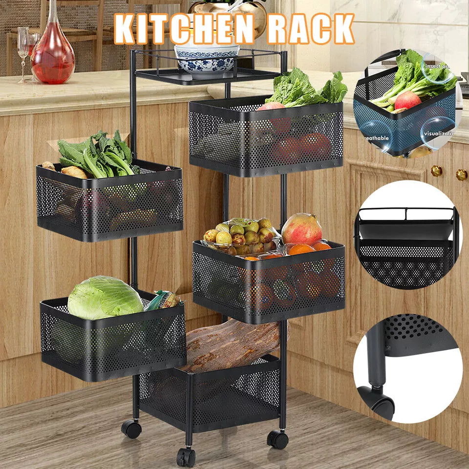 6-Tier Rotating Kitchen Storage Trolley | Mobile Vegetable Utility Rack