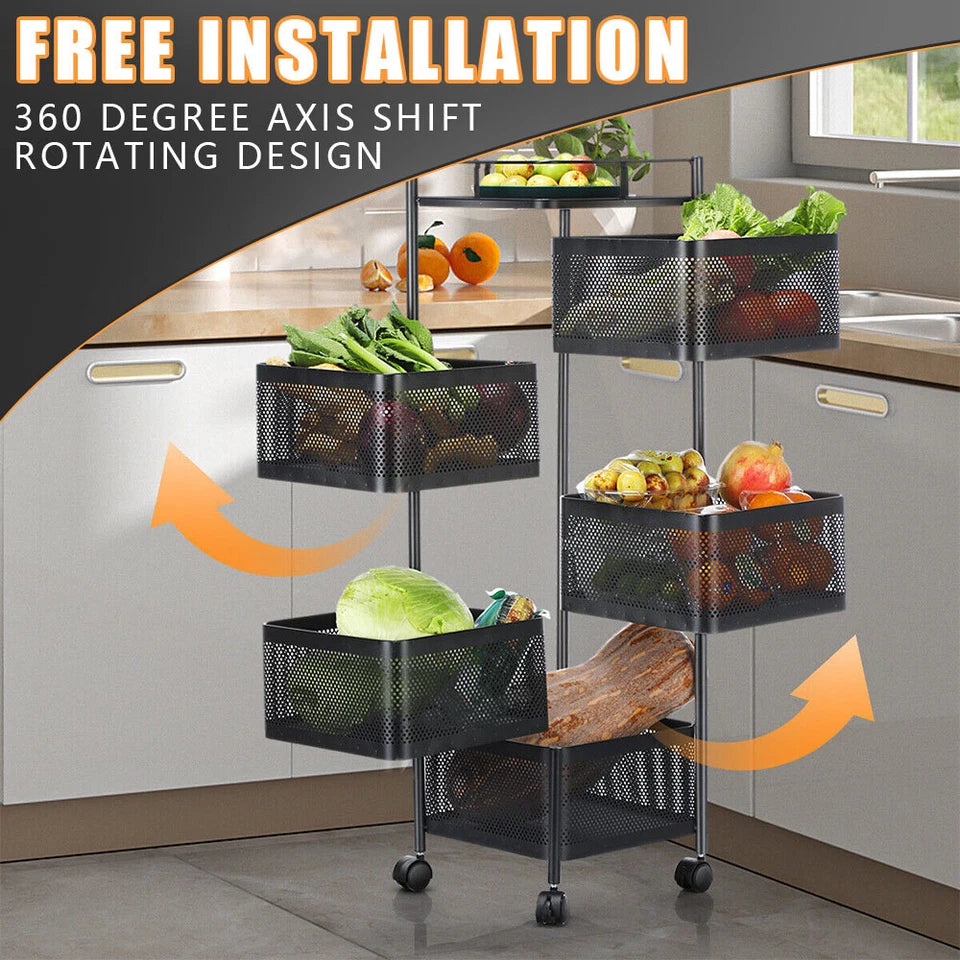 6-Tier Rotating Kitchen Storage Trolley | Mobile Vegetable Utility Rack