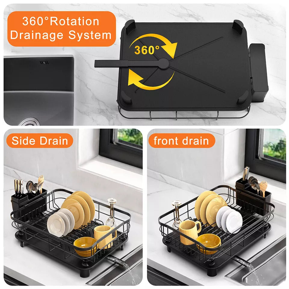 Kitchen Dish Drainer Rack | Sink Drying Rack with 360° Drip Tray