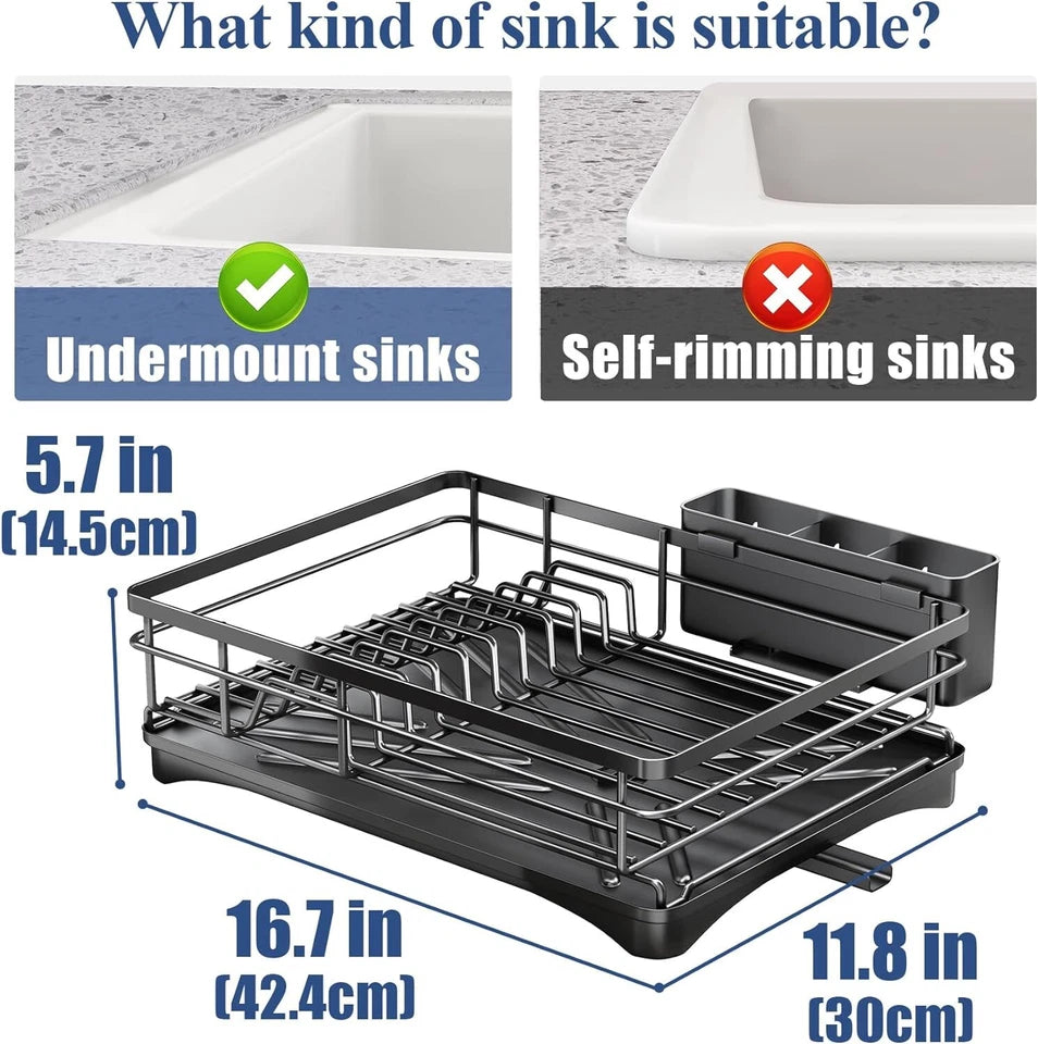 Kitchen Dish Drainer Rack | Sink Drying Rack with 360° Drip Tray