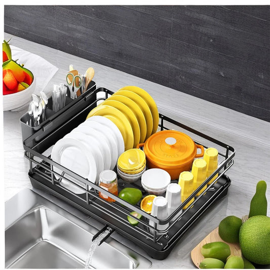 Kitchen Dish Drainer Rack | Sink Drying Rack with 360° Drip Tray
