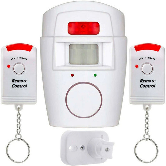 SENSOR MOTION PIR WIRELESS ALARM WITH 2 REMOTE CONTROLS SHED GARAGE HOME CARAVAN